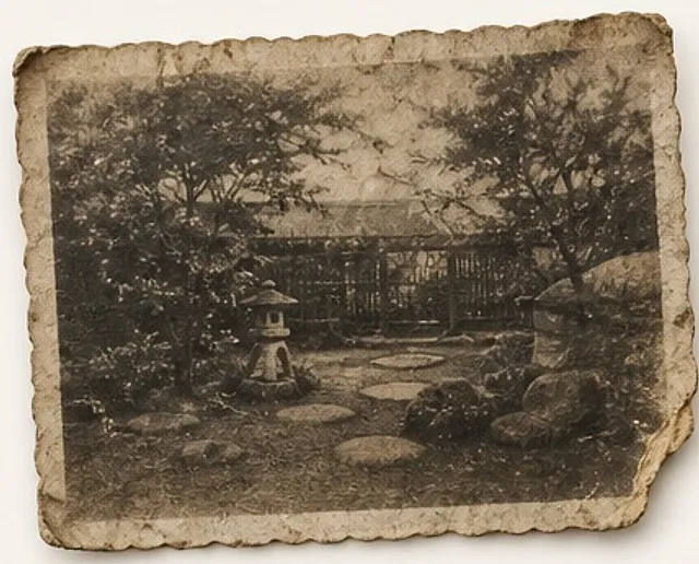 石灯籠と飛び石のある庭の古い写真